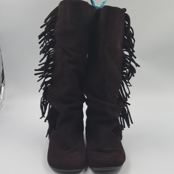 Pesaro Boho Brown Suede Fringe Over Calf Boots - Picture 2 of 8